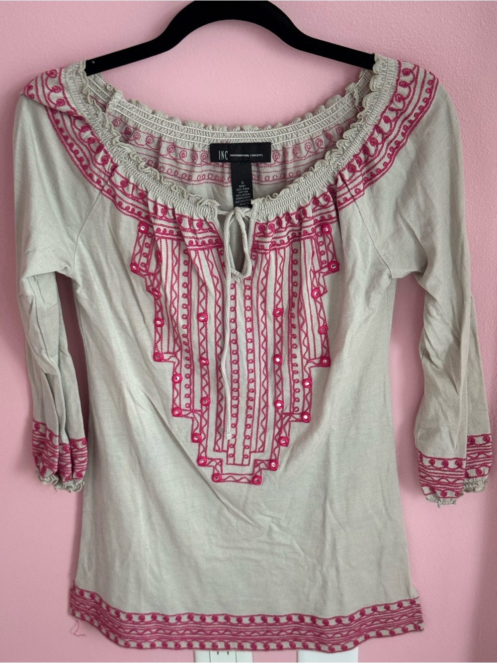 INC International Concepts Boho Peasant Top Pink Embroidered Mirror Tunic S